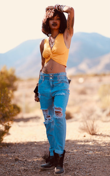 MUSTARD YELLOW CRISS CROSS CROP TOP