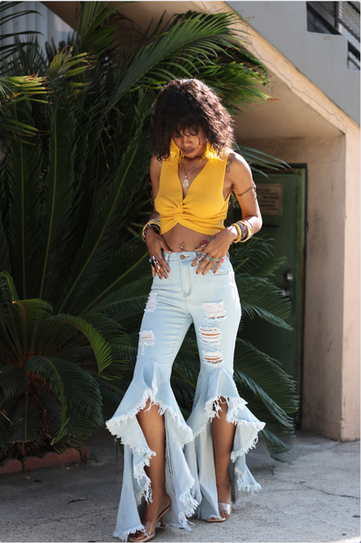 MUSTARD YELLOW CRISS CROSS CROP TOP