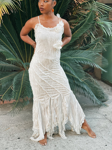 Vintage Velvet Pearl White Dress