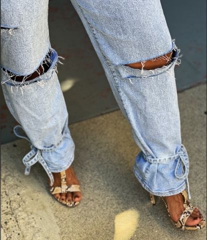 DISTRESSED, SLOUCHY MOM JEANS with ANKLE TIES