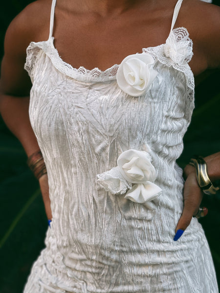 Vintage Velvet Pearl White Dress