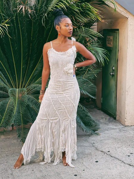 Vintage Velvet Pearl White Dress