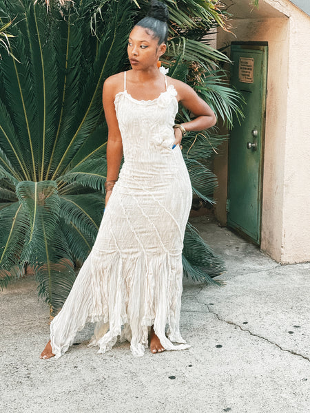 Vintage Velvet Pearl White Dress