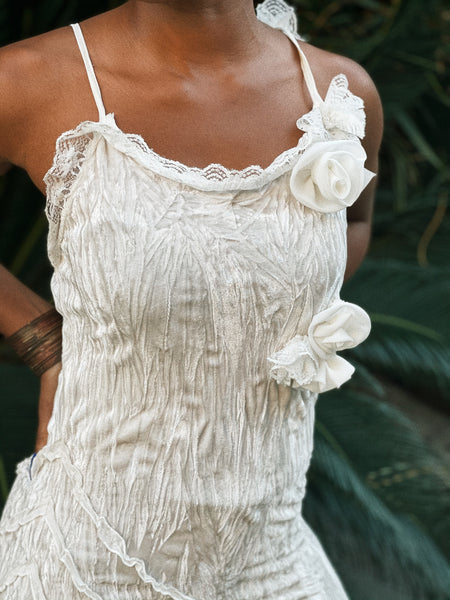 Vintage Velvet Pearl White Dress