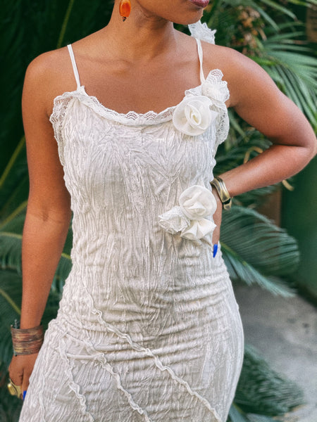 Vintage Velvet Pearl White Dress