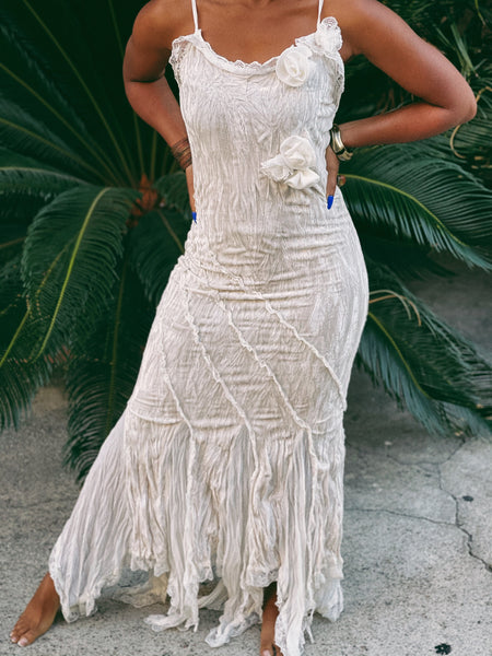 Vintage Velvet Pearl White Dress