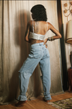DISTRESSED, SLOUCHY MOM JEANS with ANKLE TIES