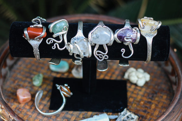 Sterling Silver + Natural Stone Fork Bracelet