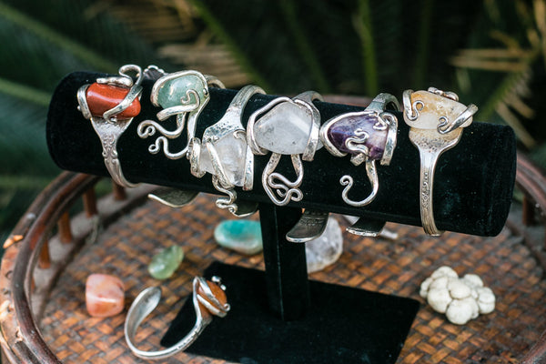 Sterling Silver + Natural Stone Fork Bracelet