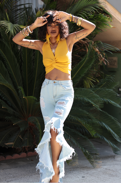 MUSTARD YELLOW CRISS CROSS CROP TOP