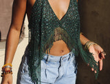 Vintage Beaded Halter Tops with Beaded Fringe Accents