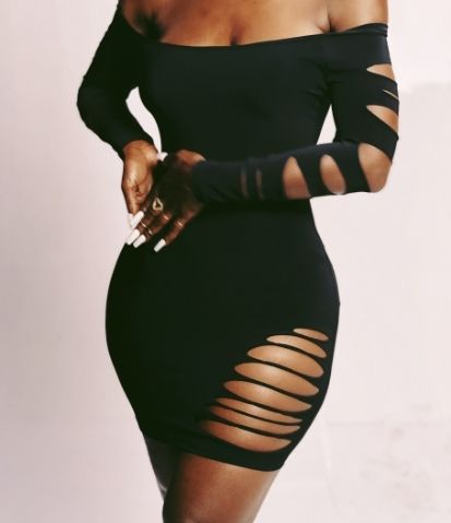 Black Off the Shoulder Ripped Body-Con Dress