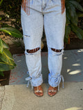 DISTRESSED, SLOUCHY MOM JEANS with ANKLE TIES