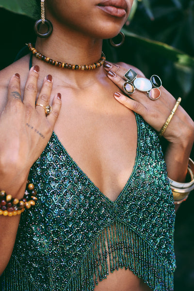 Vintage Beaded Halter Tops with Beaded Fringe Accents