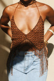 Vintage Beaded Halter Tops with Beaded Fringe Accents