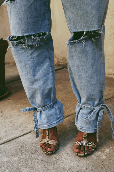 DISTRESSED, SLOUCHY MOM JEANS with ANKLE TIES