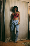 DISTRESSED, SLOUCHY MOM JEANS with ANKLE TIES